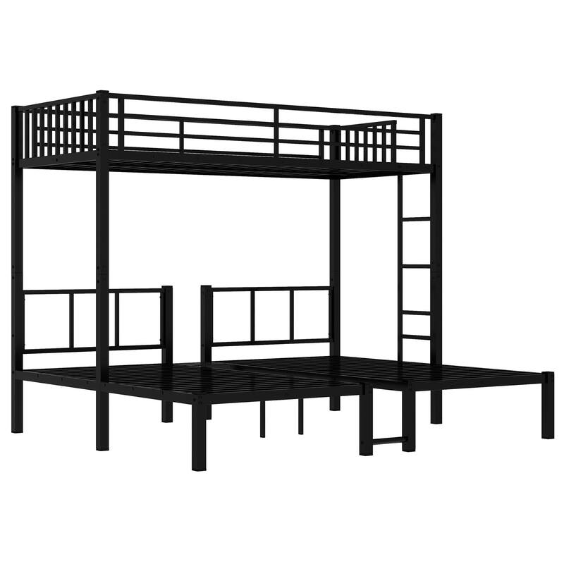 Black Metal Triple Bunk Bed, Twin Over Twin & Twin XL Over Twin with Guardrails