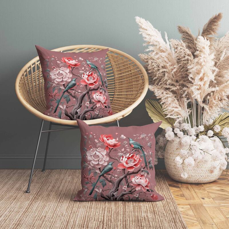 Botanical Bird Ensemble Indoor/Outdoor Reversible Throw Pillow Pink and Red