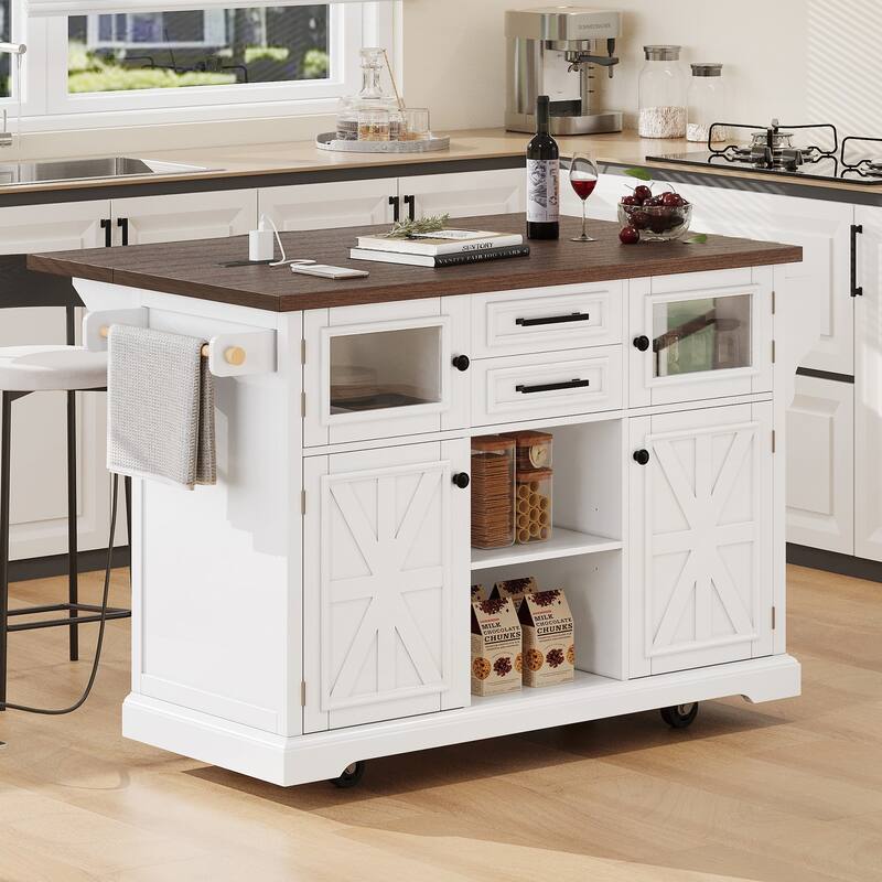 54.9INCH Kitchen Island with Drop Leaf and Power Outlet