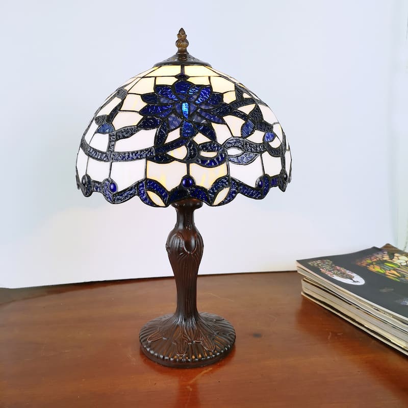 Gracie 12-inch Blue/White Flower Design Stained Glass/Bronze Tiffany-Style Table Lamp