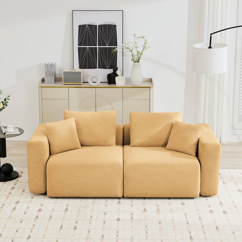 Corduroy Sectional Modular Sofa with Square Arms & Ottoman Extension for Flexible Arrangements
