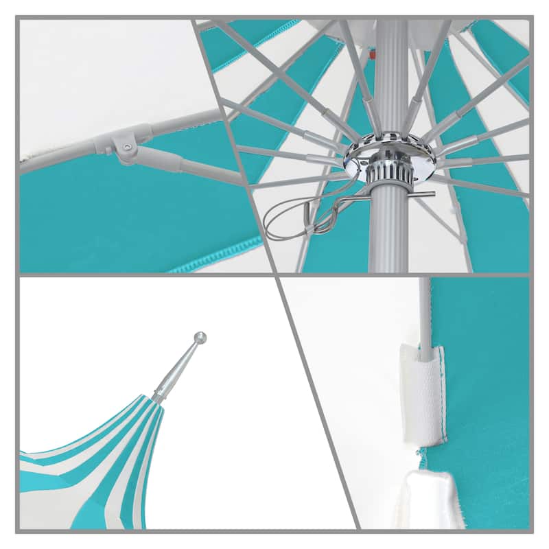 California Umbrella 8.5' Pagoda Series Patio Umbrella Silver Anodized Aluminum Pole Push Lift Sunbrella Natural & Pacific Blue