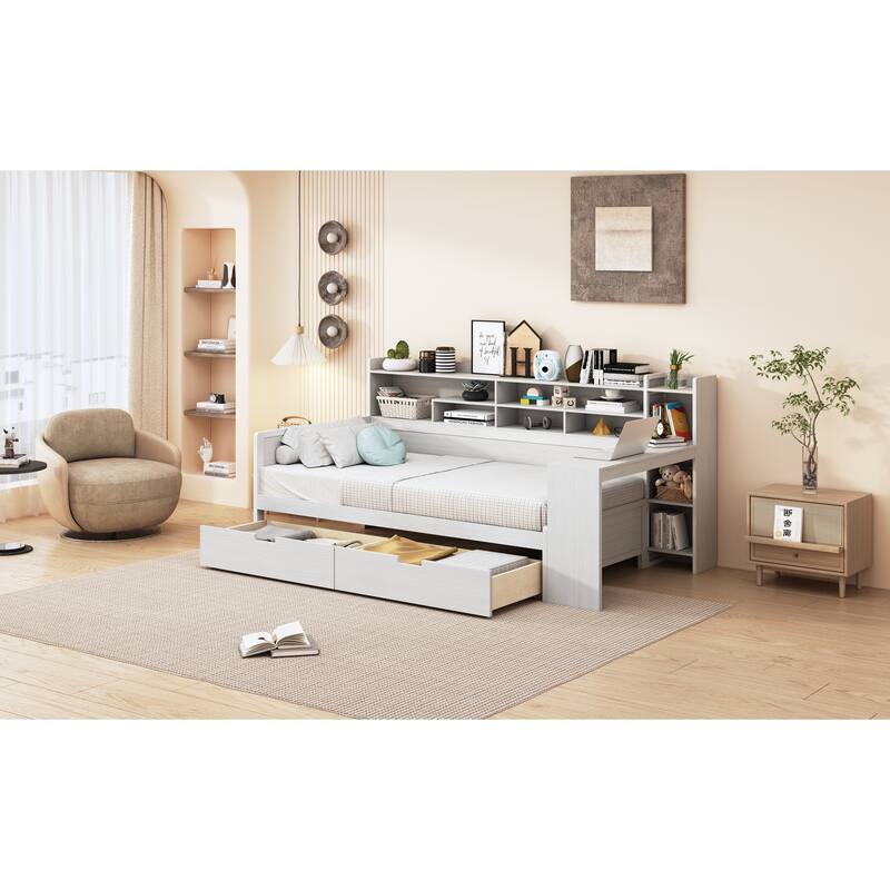 Wooden Captains Bed with Guardrail Bookcase, L-shape Study Desk and 2 Pull-out Drawers, Space-saving Corner Daybed for Bedroom