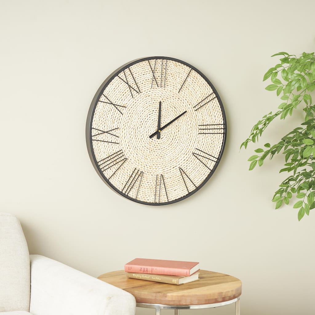 Brown Dried Plant Coiled Decorative Wall Clock with Black Metal Frame