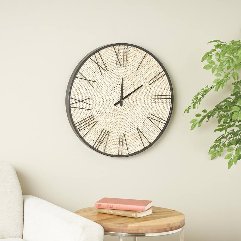 Brown Dried Plant Coiled Decorative Wall Clock with Black Metal Frame - Brown