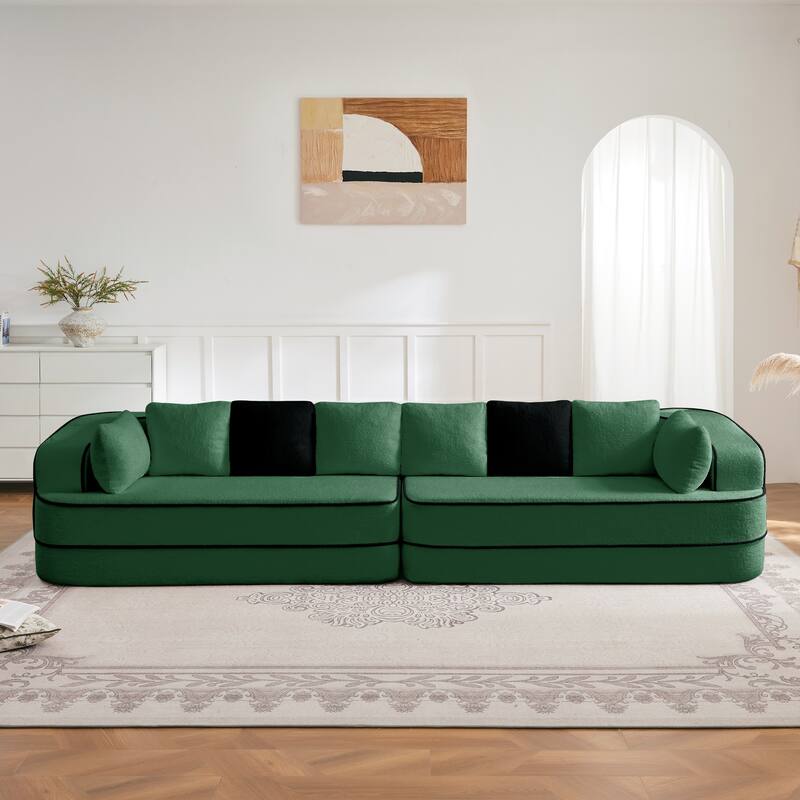 135" Two-Tone Sofa Teddy Fabric Sofa, Boneless Couch with Sponge Cushions, Stylish Sectional Sofa with Pillows for Living Room
