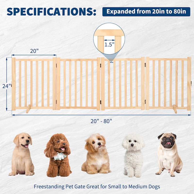 Wooden Freestanding Dog Gate, Collapsible Pet Gate with Support Feet, Indoor Dog Fence for The House,Doorways, Stairs, - 4 Panel H:24"