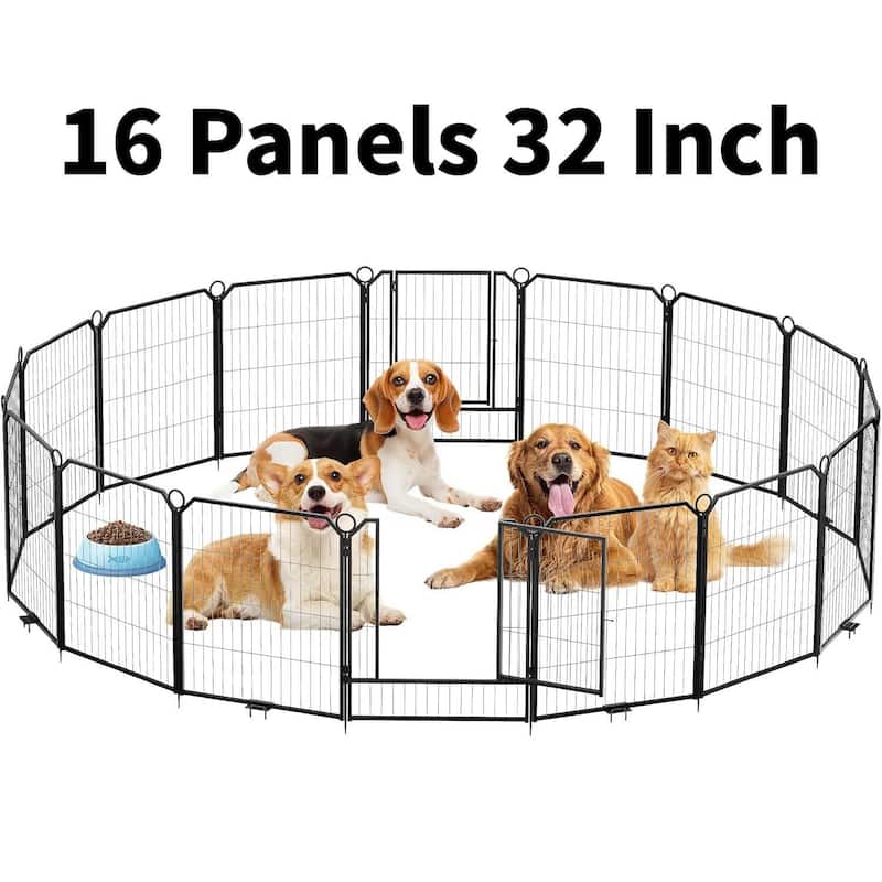 16 Panels 32 Inch Portable Dog Playpen and Pet Fence Indoor and Outdoor - 16 Pcs - Black
