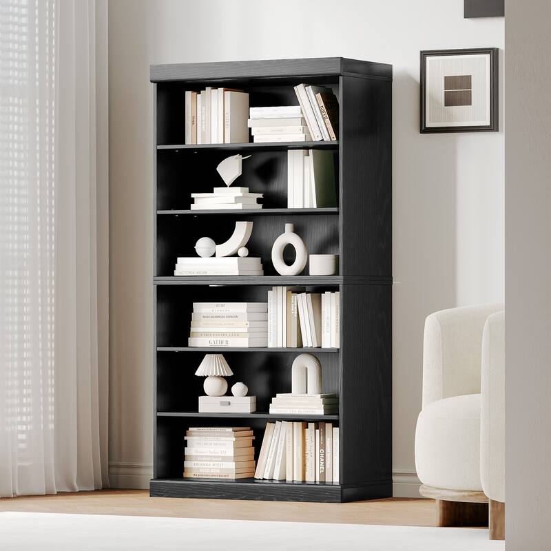 62" Solid Wood 6-Shelf Bookcase Storage with Adjustable Shelves - Black