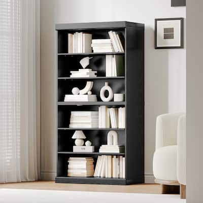 62" Solid Wood 6-Shelf Bookcase Storage with Adjustable Shelves