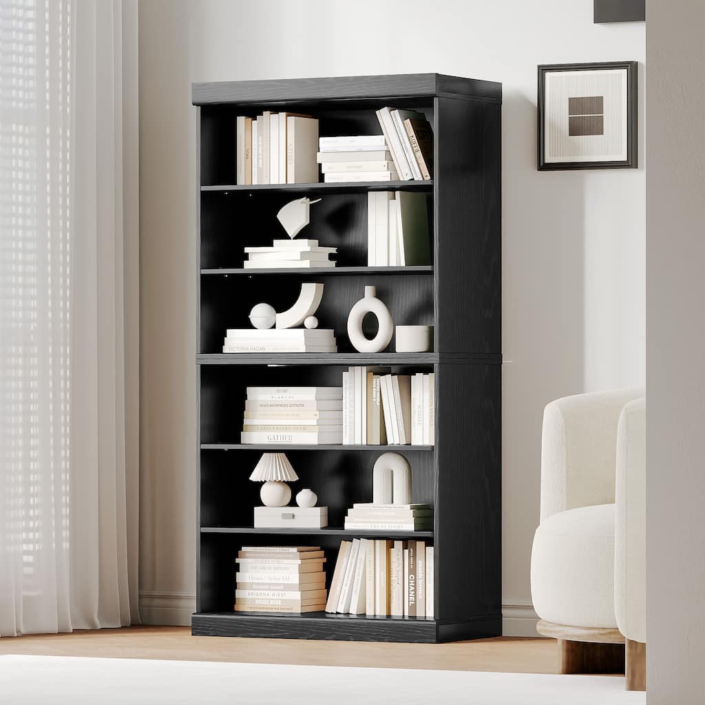 62" Solid Wood 6-Shelf Bookcase Storage with Adjustable Shelves