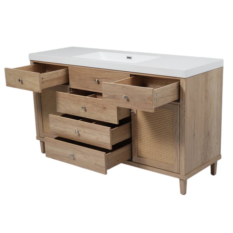 Bathroom Vanity with SMC Sink, Large Storage Bathroom Storage Cabinet with Soft Close Drawers and Rattan Doors