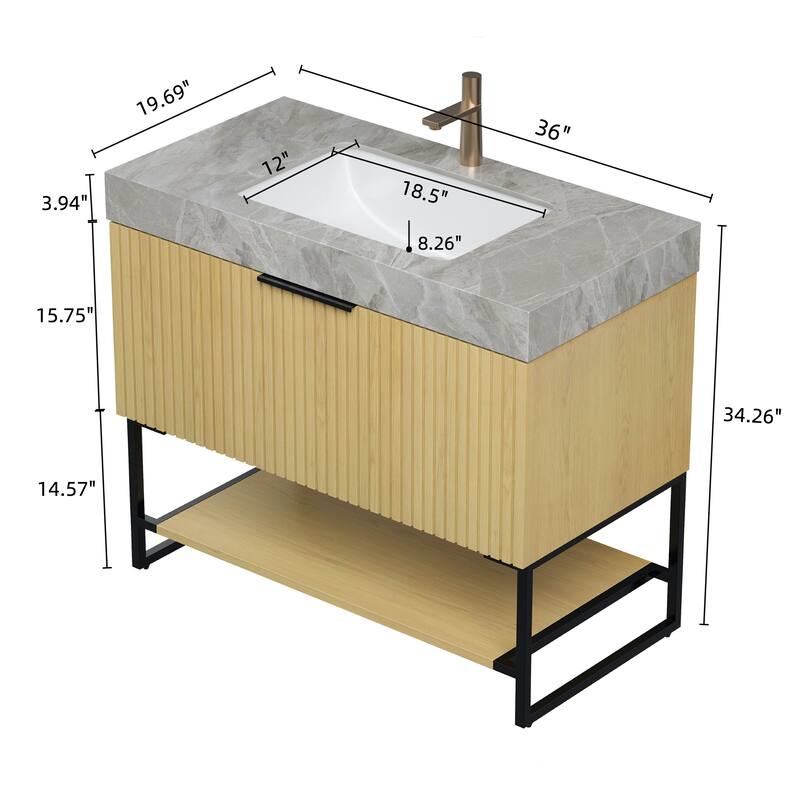 GDFStudio - Yolan 36" Freestanding Bathroom Vanity with Striped Drawer, Open Shelf & Undermount Ceramic Basin, WITHOUT Faucet