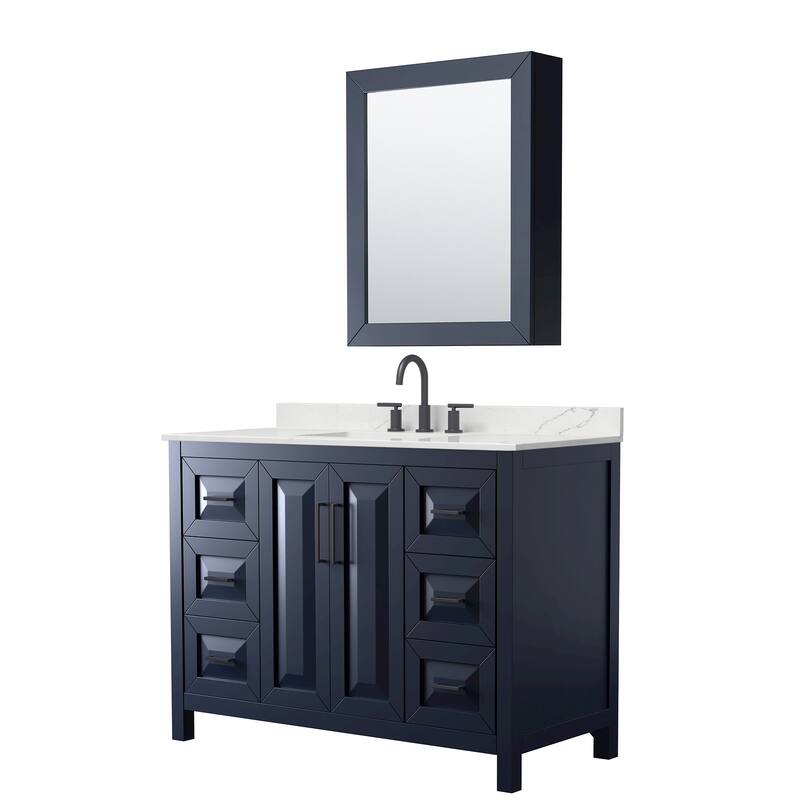 Daria 48-inch Single Vanity, 3 Hole Quartz Top, Med Cabinet - Dark Blue, Black Trim, Giotto Quartz Top