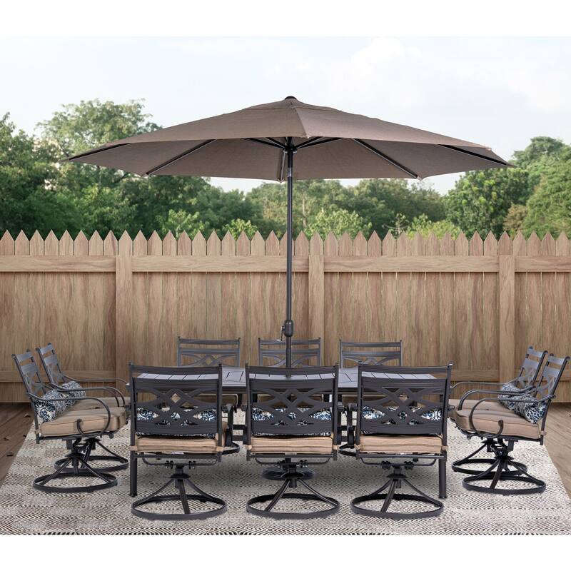 Hanover Montclair 11-Piece Dining Set in Tan with 10 Swivel Rockers, 60-In. x 84-In. Table, 11-Ft. Umbrella and Umbrella Stand
