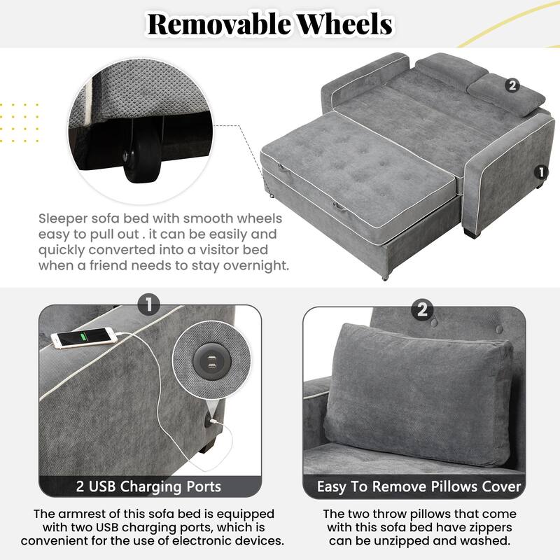 Pull Out Sleeper Bed, Sofa Bed Couch with USB Charging Port, Lounge Loveseat Sofa Daybed with Adjustable Backrest