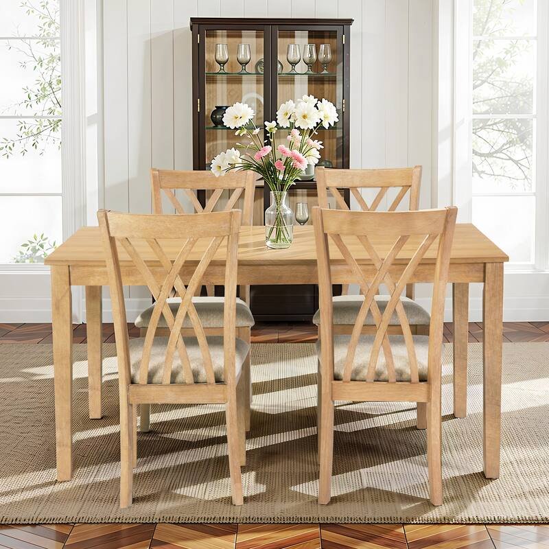 Wood Dining Table Set Kitchen Table Set with 4 Cross Backrest Chairs, Anti-Slip Footpads, Scratch-resistant