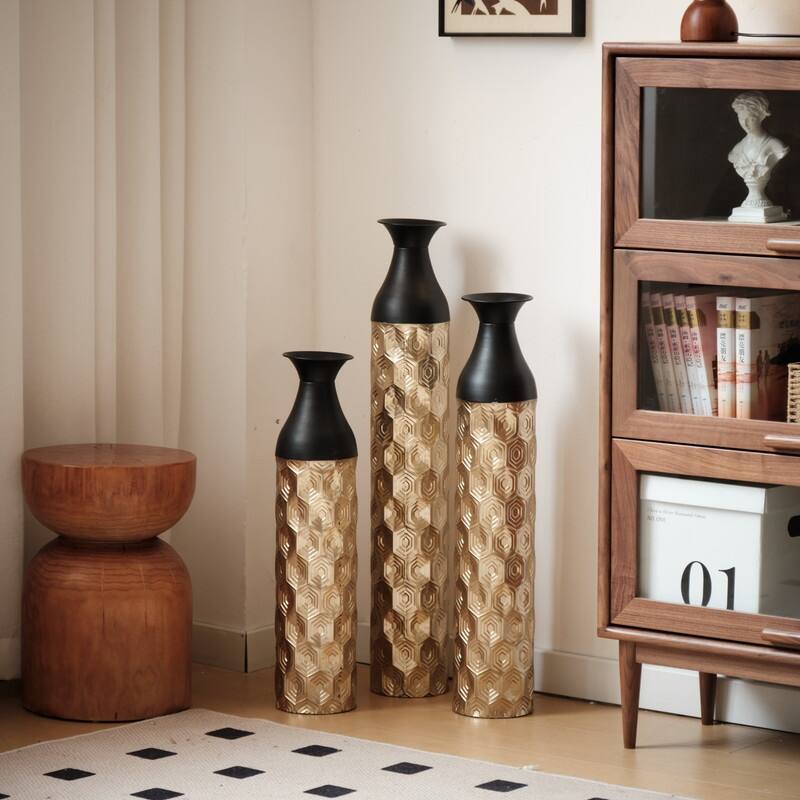 Set of 3 Glamorous Floor Vases, Gold & Black Textured Metal Cylinder Vases for Modern Home Decor (24.8", 29", 33.8" Heights)