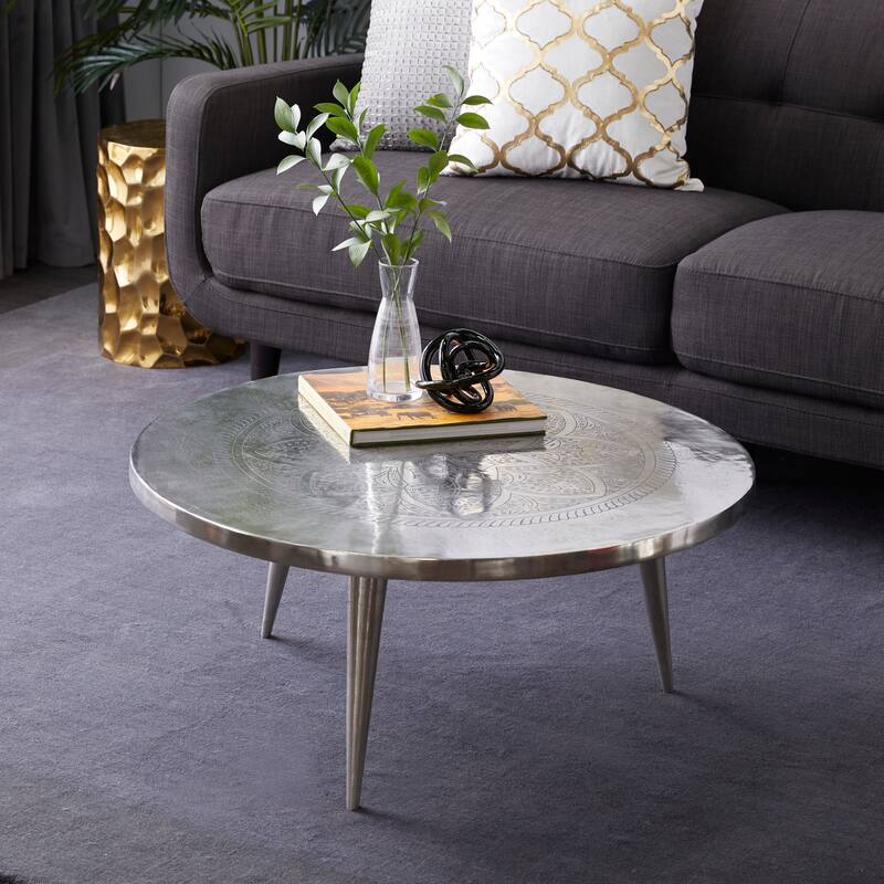Aluminum Metal Floral Engraved Coffee Table with Tripod Legs - Silver - Roche River Decor - 35"Wx35"Lx16"H