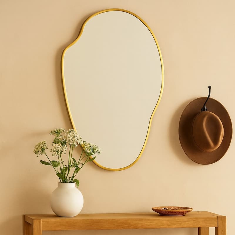 TEHOME Vallia Brushed Gold Asymmetrical Irregular Wall Mirror ,22''x 34'' Unique Brass Frame Wall Mounted Mirror for Bathroom