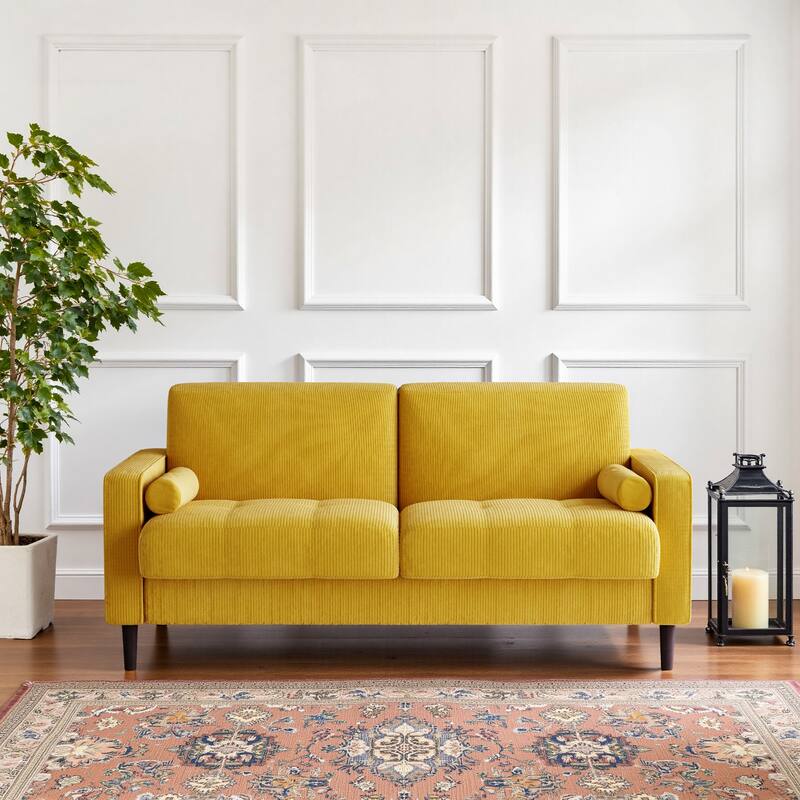 Modern Corduroy Upholstered Loveseat with Bolster Pillows and Wood Legs