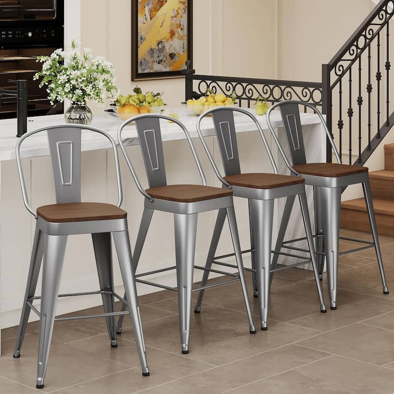 Counter & Bar Stools with Metal Frame Kitchen Stools with High Back Kitchen Bar Furniture Stools with Wooden Seat - Silver - Counter Height - Set of 4