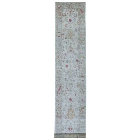 Hand Knotted Grey Oushak And Peshawar with Wool Oriental Rug (2'10" x 16') - 2'10" x 16'
