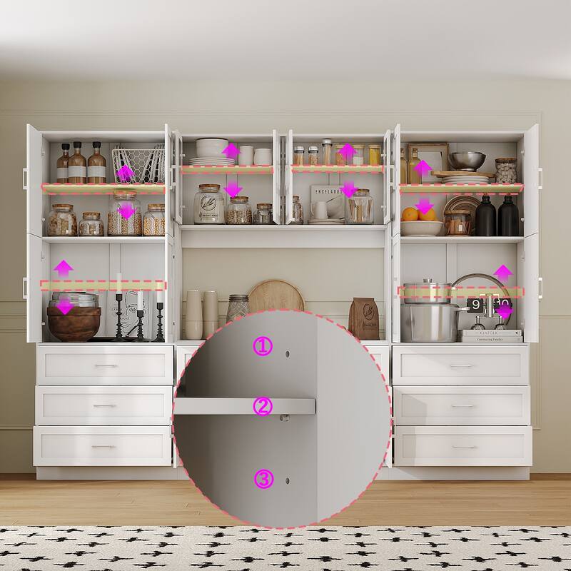 Multi-Functional White Kitchen Storage Cabinet with Drawers and Glass Doors, MDF & Metal Hardware
