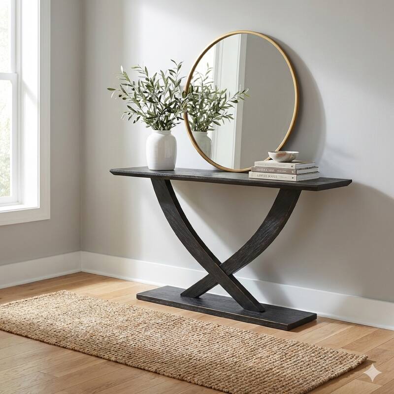 Rase 57 Inch Console Table, Cross Leg Design, Pedestal Base, Black Wood