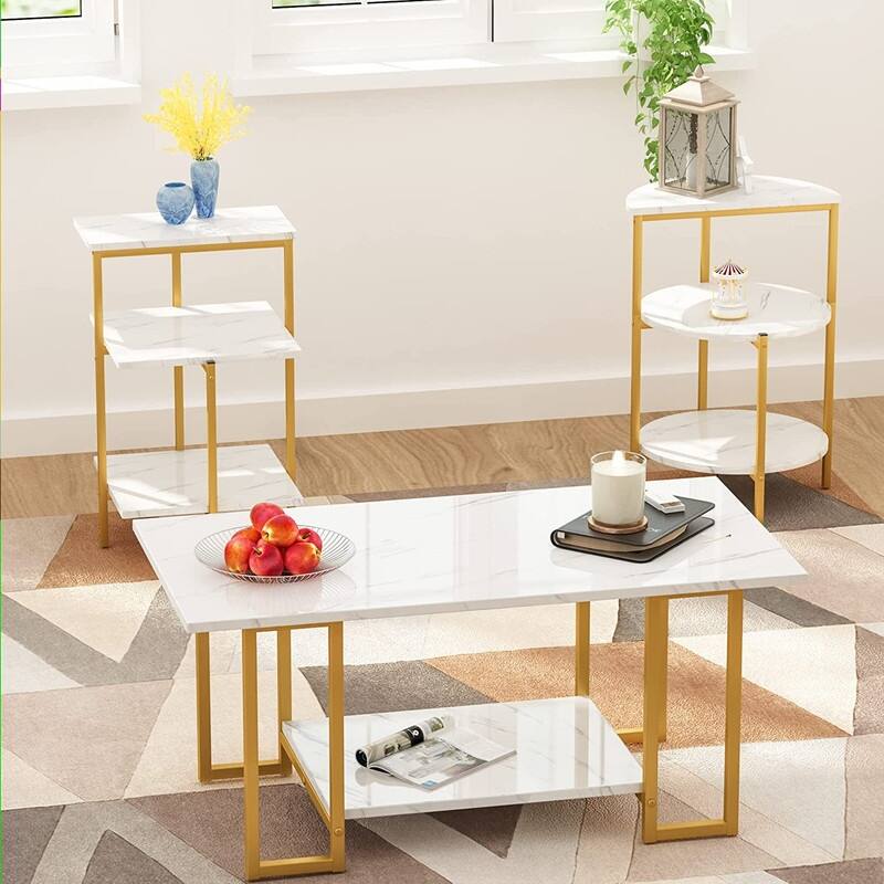 3 Pieces Faux Marble Coffee Table Set with 1 Coffee Table and 2 End Tables, Modern Sofa Side Table with Shelf, Cocktail Table