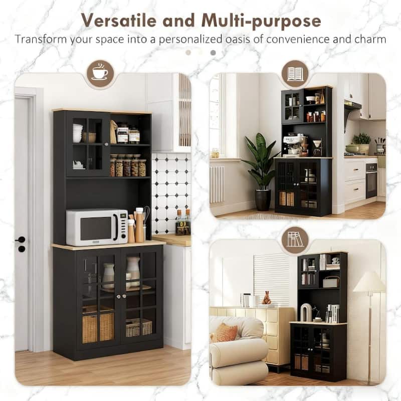 Wood Pantry Storage Cabinet, Freestanding Buffet Cabinet with Glass Doors and Adjustable Shelves, Kitchen Hutch with Doors