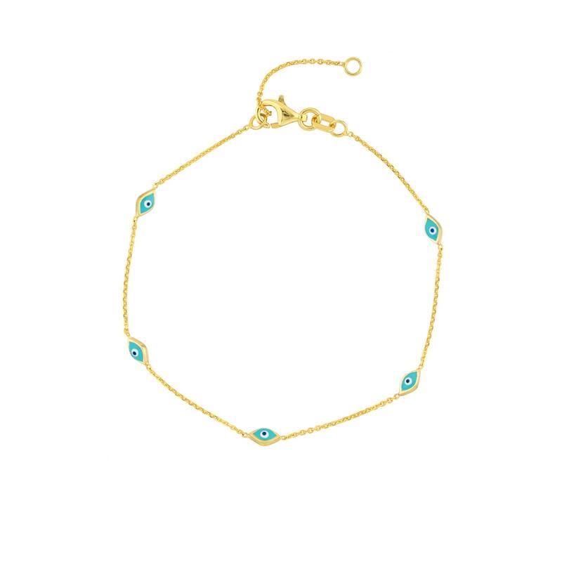 Curata 14k Yellow Gold 7.25" Blue Enamel Evil Eye Adjustable Bracelet