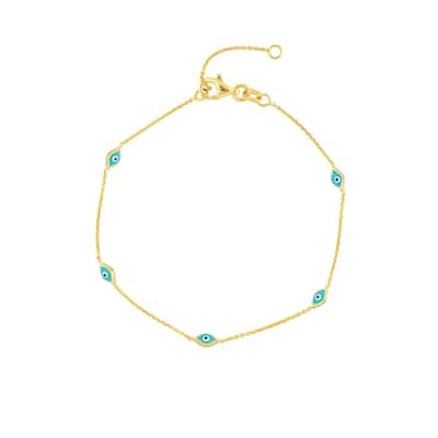 Curata 14k Yellow Gold 7.25" Blue Enamel Evil Eye Adjustable Bracelet