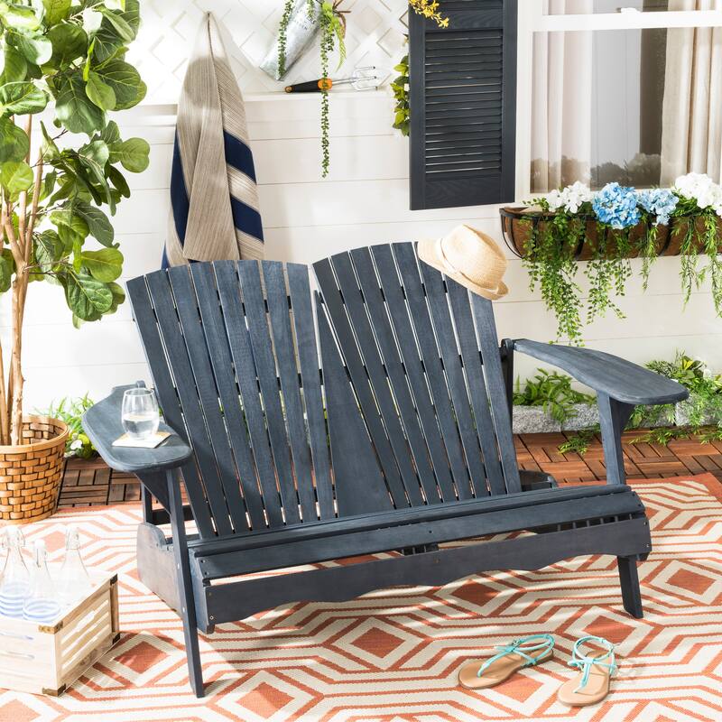 SAFAVIEH Outdoor Fanie Adirondack Acacia Wood Bench - 57Wx37Dx33H - Dark Slate Gray