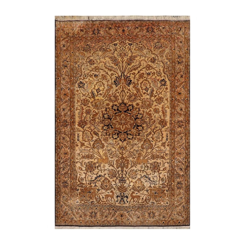 Hand Knotted Tan,Brown Persian 100% Silk Pictorial Oriental Area Rug - 4' 6'' x 7' 1''