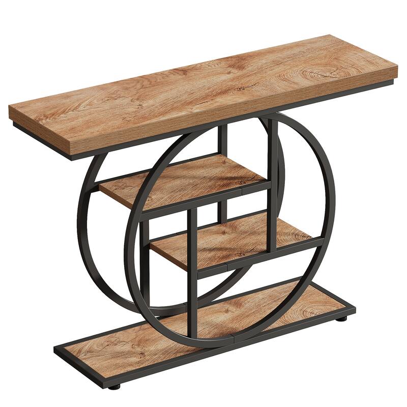 41.3" Industrial Console Table, 4-Tier Sofa Entryway Table with Circle Base, Modern Narrow Accent Table with Storage