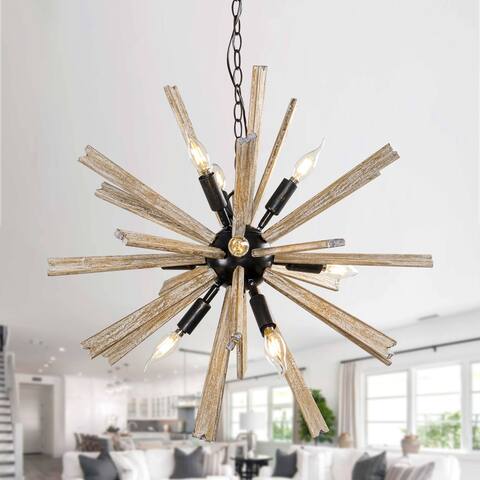 Modern 9-Light Wood Sputnik Sphere Chandelier - 27.2-in W x 25.6-in H