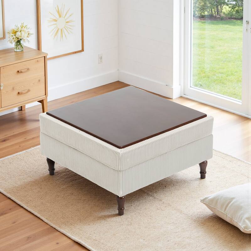 31.78" W Oversized Square Upholstered Storage Ottoman with Wooden Tray