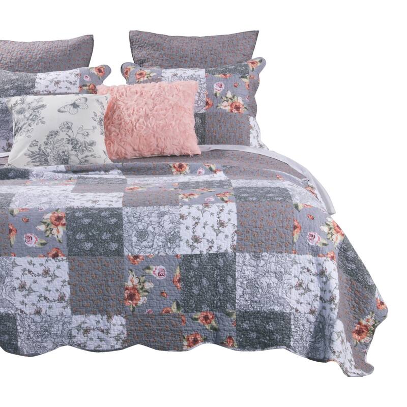 3 Piece Microfiber Queen Size Quilt Set with Floral Prints, Multicolor