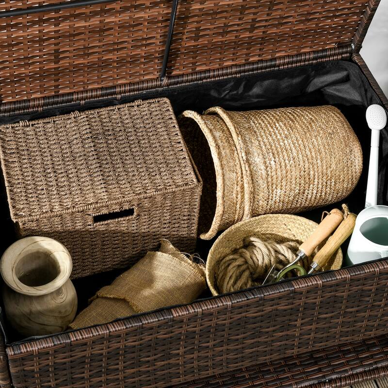 Pool Deck Storage Box Multipurpose Storage Box Rattan Deck Box with Liner and Spring-Assisted Lift for Indoor Outdoor Garden