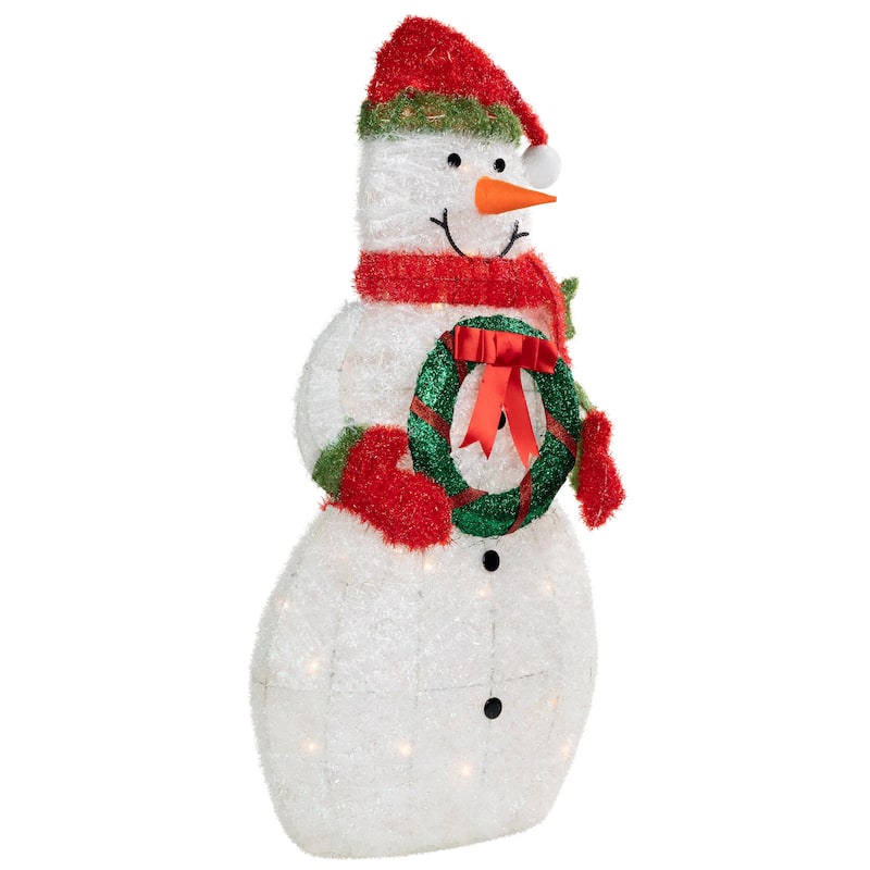 38" Lighted White Red Tinsel Snowman Wreath Outdoor Christmas decor