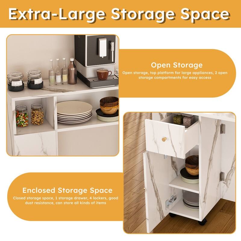 Folding Dining Table and Storage Sideboard with Charging Station， Multifunctional Space-Saving Kitchen Table with Wheels
