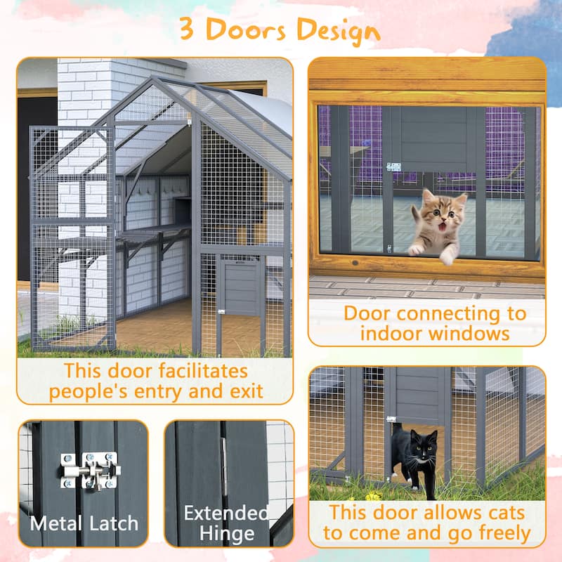 Extra Spacious Outdoor Catio - 110" Luxury Cat Haven with Roof, Ramp, Pod Bed & Lounging Huts