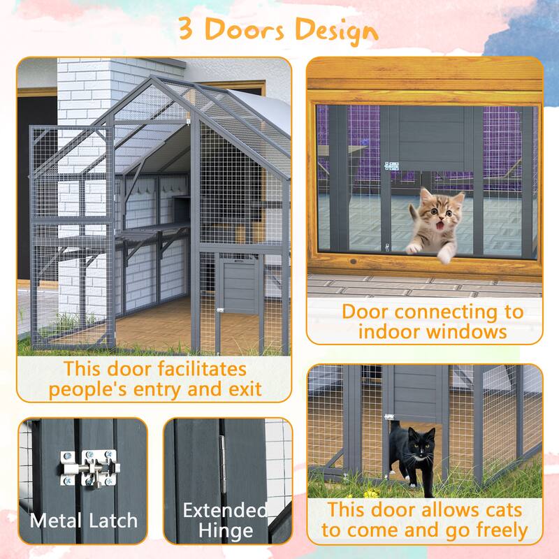 Large Catio Outdoor Cat Enclosure, Outside Cattery with Weatherproof Roof, Cat Scratcher Ramp & Cat Space Capsule Bed
