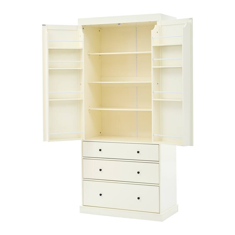 Kitchen Pantry Cabinet with 8 Doors Shelves, Wood Storage Cabinet with 3 Storage Drawers, Cupboard with Adjustable Shelves