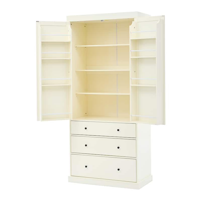 Kitchen Pantry Cream Storage Cabinet w/ Adjustable Shelves & 3 Drawers