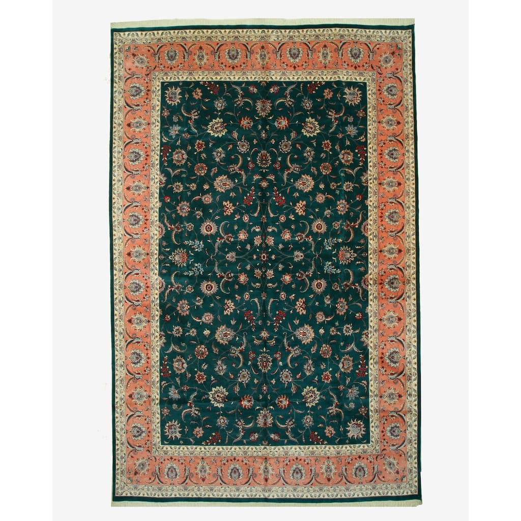 Green Hand Knotted Wool Traditional Rug 12' x 18'9 - Elegant Detailing and Premium Handcrafted Finish - N/A
