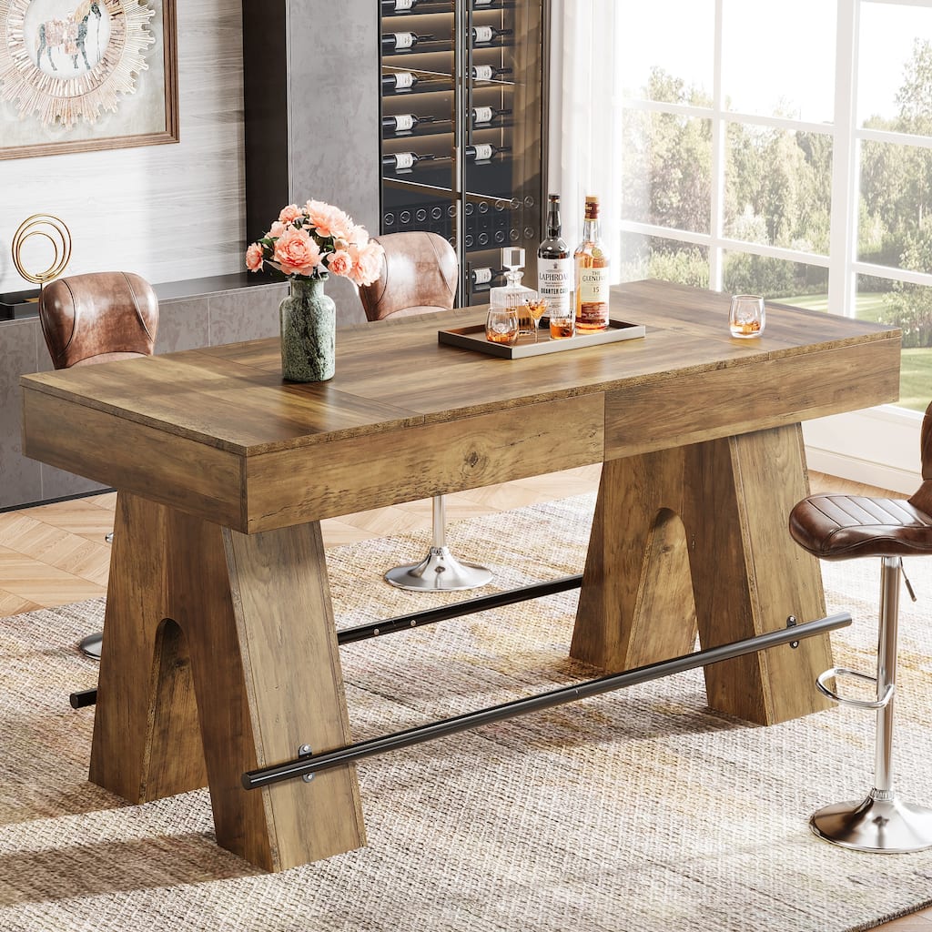 63-Inch Bar Table, Counter Height Pub Table with Metal Footrest for Home Bar, Kitchen