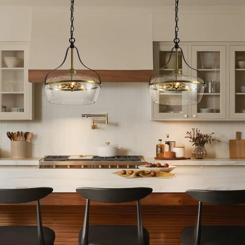 16.2 in. 3-Light Modern Matte Black Pendant Light with Clear Dome Glass Shade For Use in Kitchen Islands, Dining Rooms