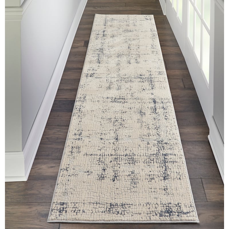 Rustic Textures Vintage Abstract Modern Area Rug - 2'2" x 7'6" Runner - Ivory Blue